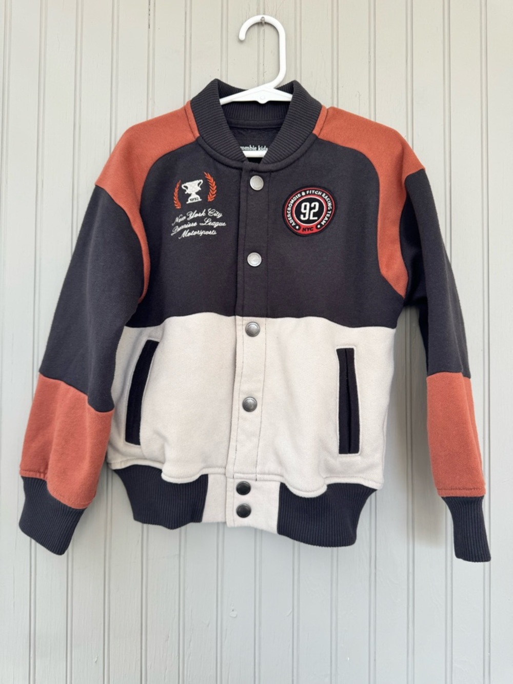 abercrombie kids Black, Cream & Rust Colorblock Bomber Racing Jacket
